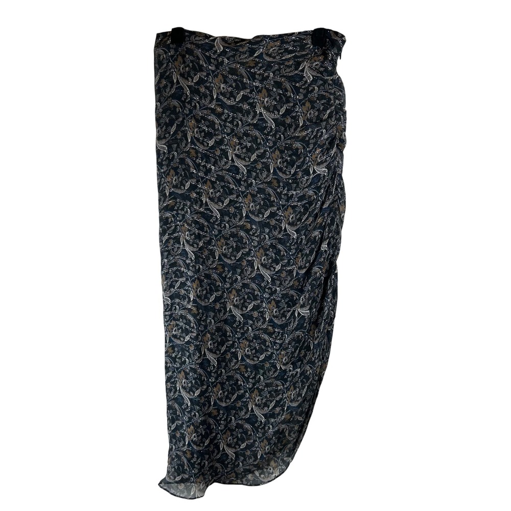 Veronica Beard Silk Metallic Paisley Ruched Midi Skirt Blue Silver Size 2